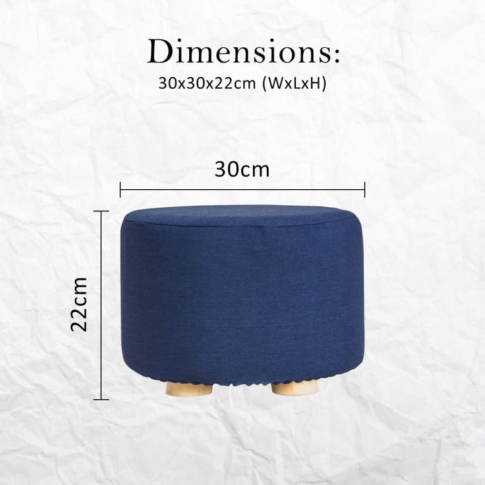 Dark Blue Fabric Ottoman Round Wooden Leg Foot Stool