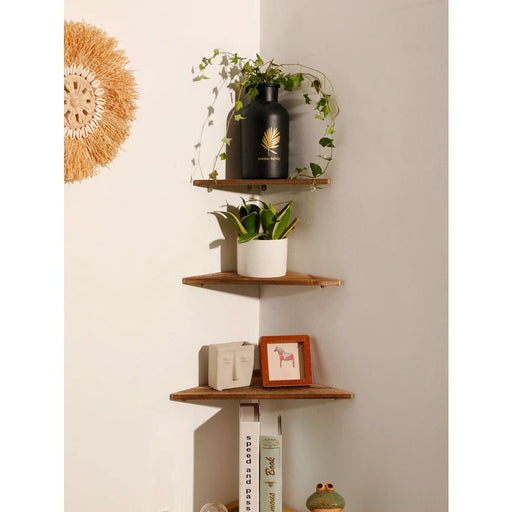 Dark Wood Corner Shelf for Home Display and Storage