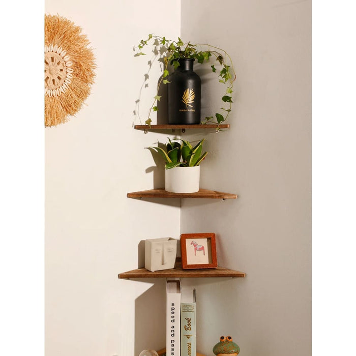 Dark Wood Corner Shelf for Home Display and Storage