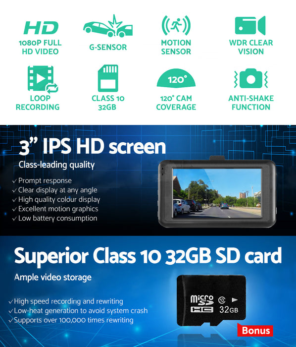 Dash Camera 1080P Hd Cam Car Recorder Dvr Video Vehicle Carmera 32Gb