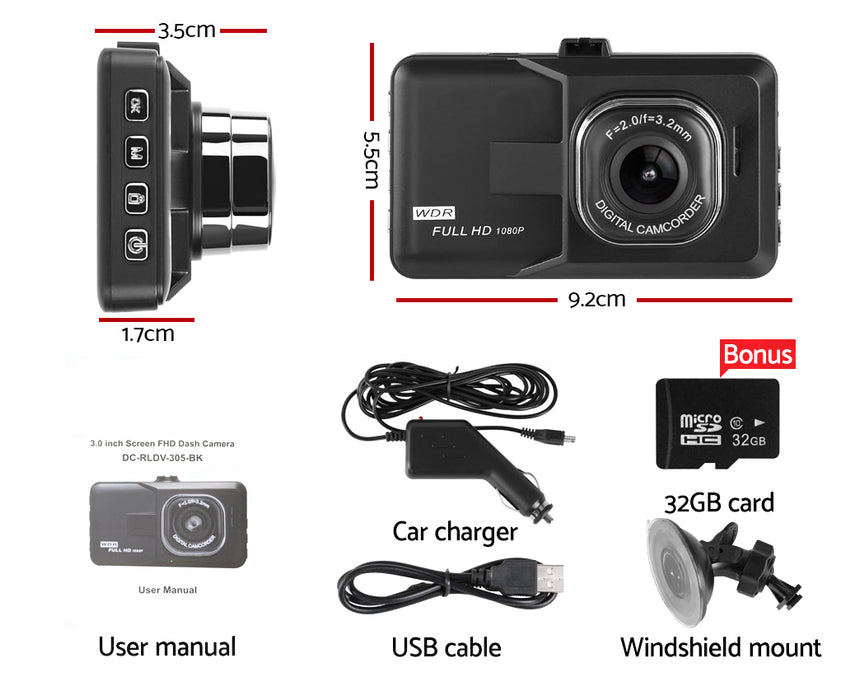 Dash Camera 1080P Hd Cam Car Recorder Dvr Video Vehicle Carmera 32Gb