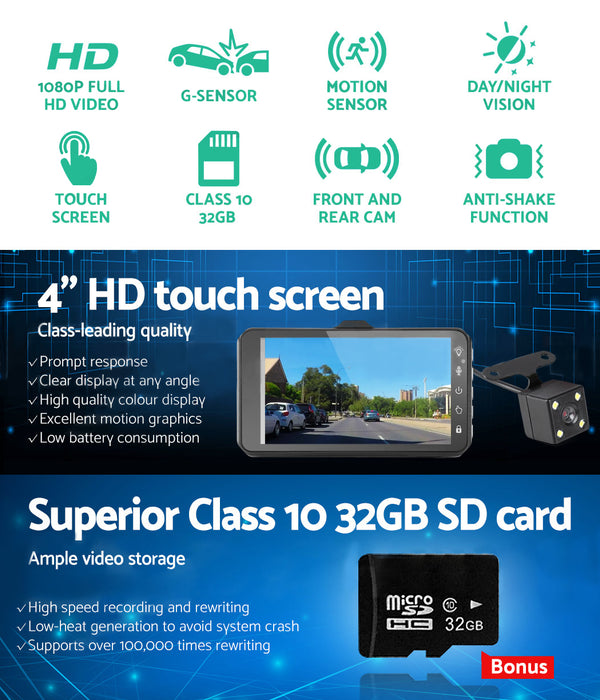4'' 1080P Car Dash Camera Front And Rear Fhd Dvr Recorder 32Gb Sd Card Dual Cam