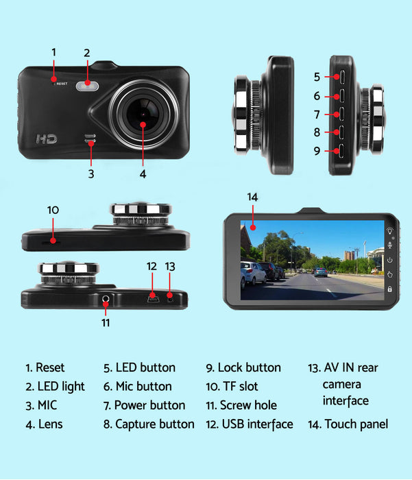 4'' 1080P Car Dash Camera Front And Rear Fhd Dvr Recorder 32Gb Sd Card Dual Cam