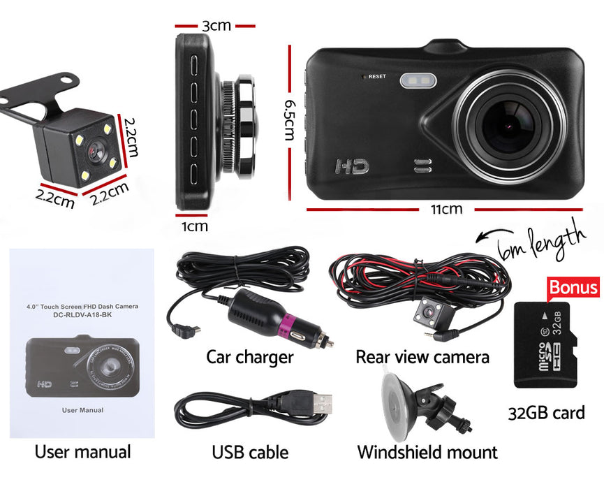 4'' 1080P Car Dash Camera Front And Rear Fhd Dvr Recorder 32Gb Sd Card Dual Cam