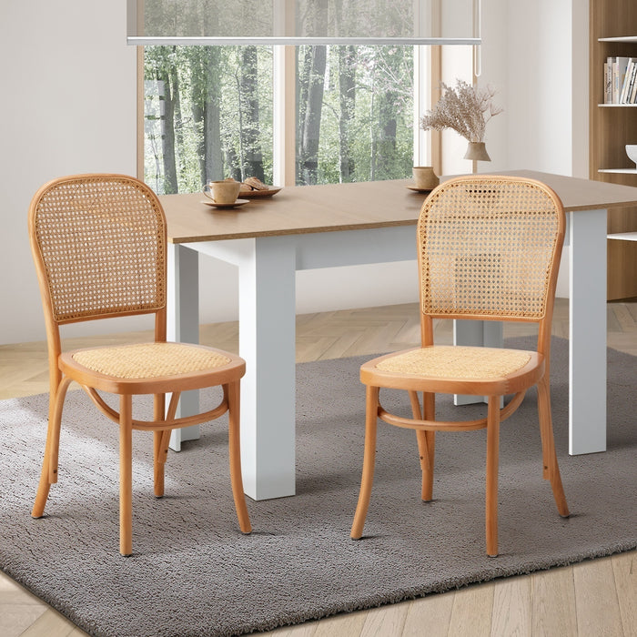 2 Pack Dining Chair Solid Wood & Ratan Seat
