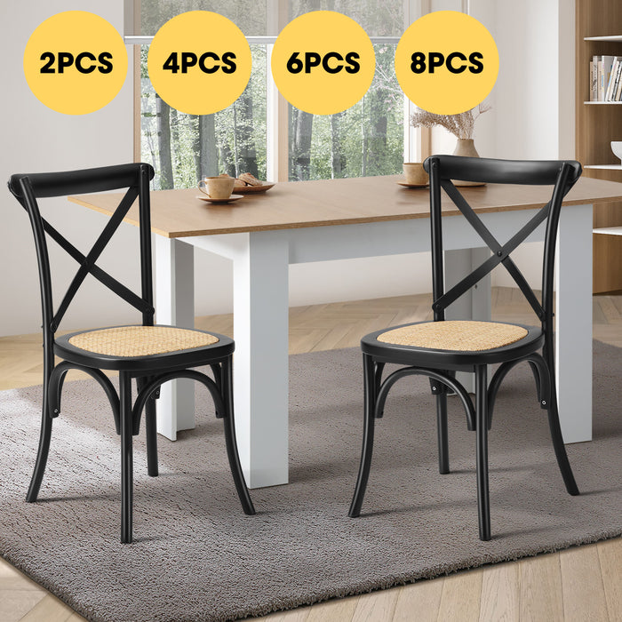 Crossback Dining Chair Solid Birch Timber Wood Ratan Seat Black