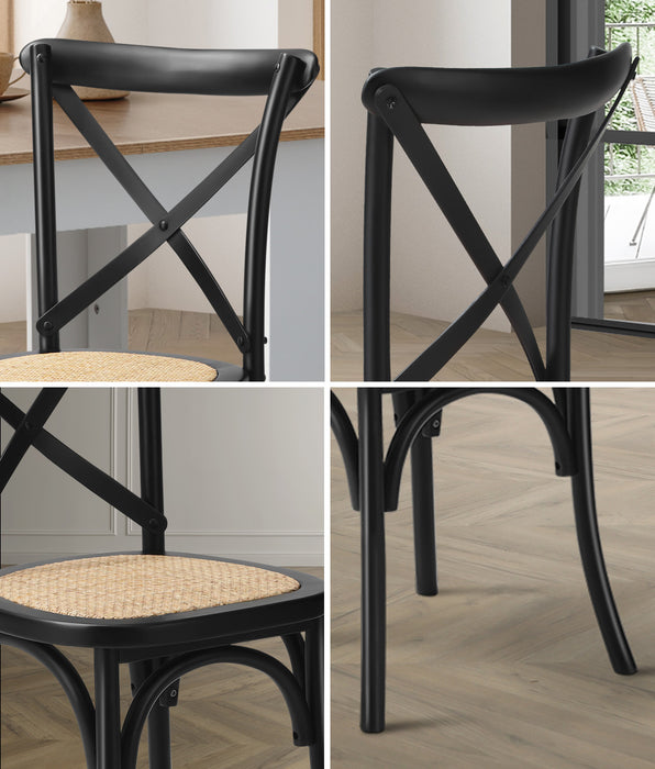 2Pcs Crossback Dining Chair Solid Birch Timber Wood Ratan Seat Black