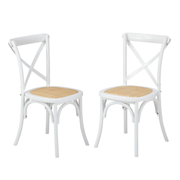 2 x Crossback Dining Chair Solid Birch Timber Wood Ratan Seat White