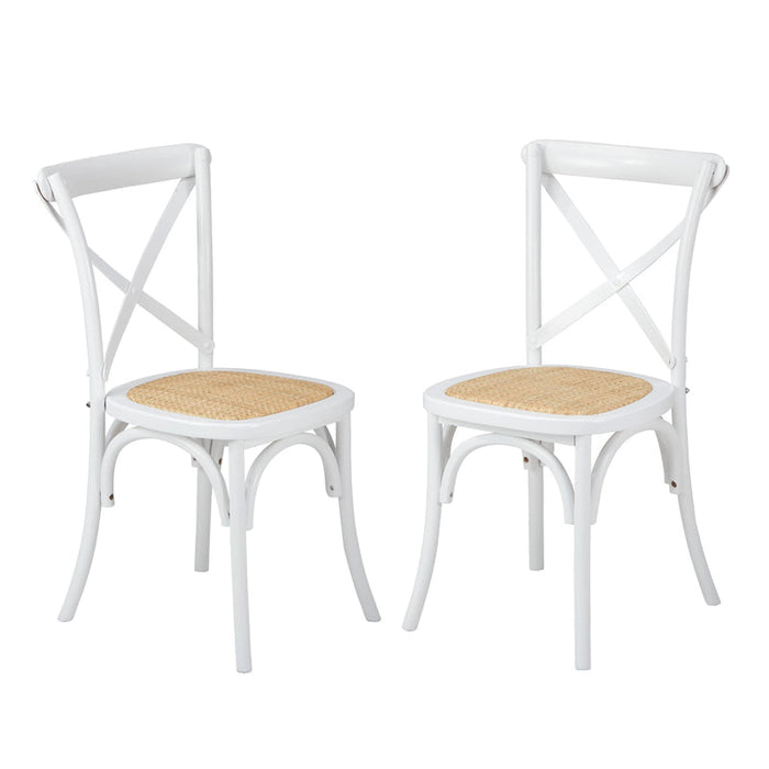 2 x Crossback Dining Chair Solid Birch Timber Wood Ratan Seat White