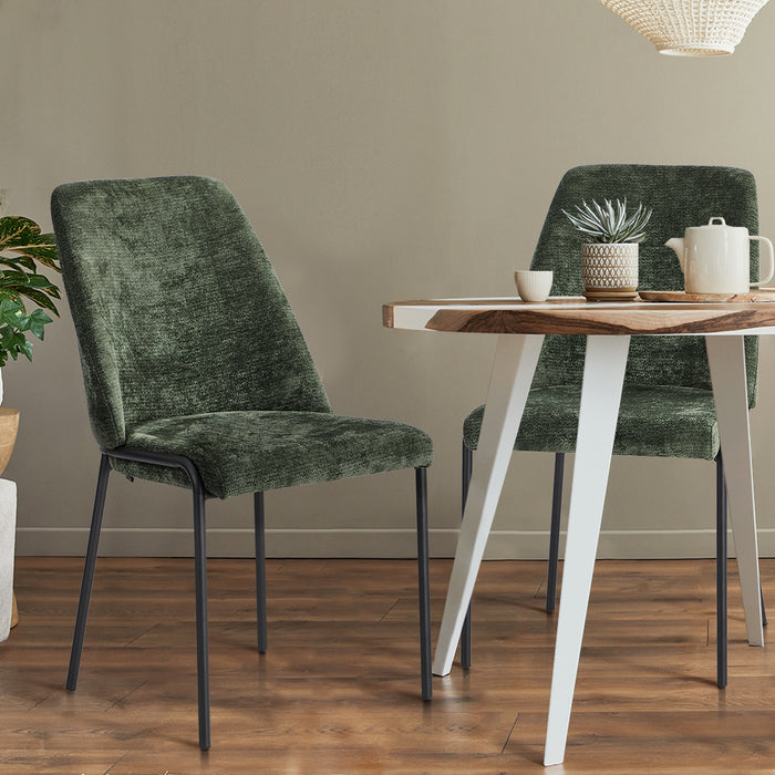 Set Of 2 Dining Chairs Chenille Fabric Kitchen Chair Padded Seat Green