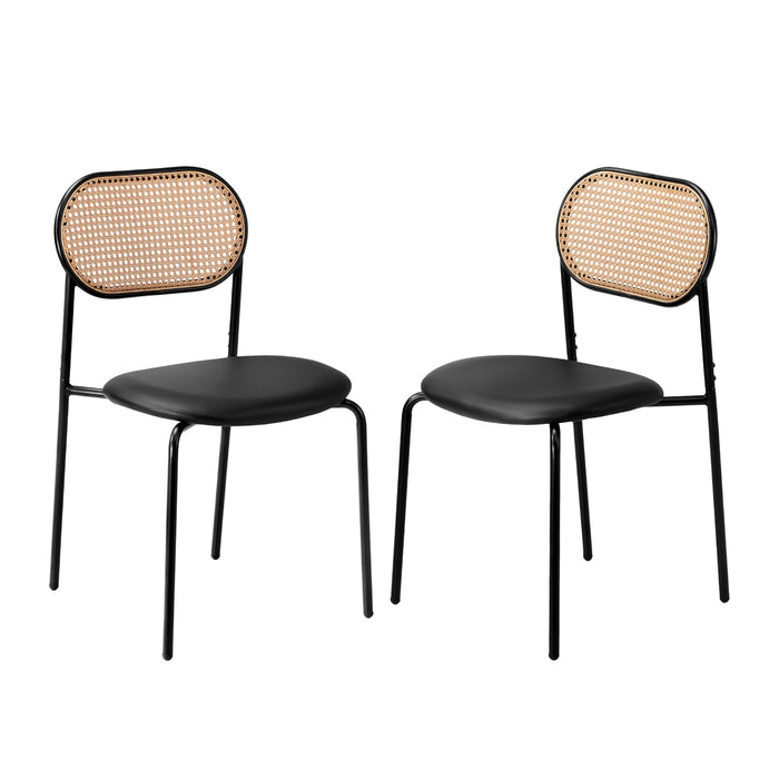 2Pcs Dining Chair Accent Chairs Rattan Furniture Pu Leather Black