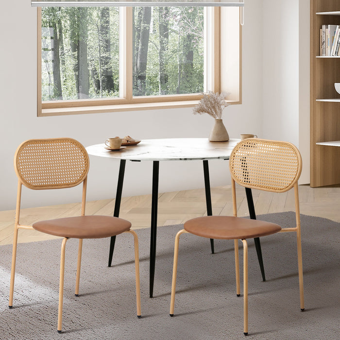 2Pcs Dining Chair Accent Chairs Rattan Furniture Pu Leather Brown