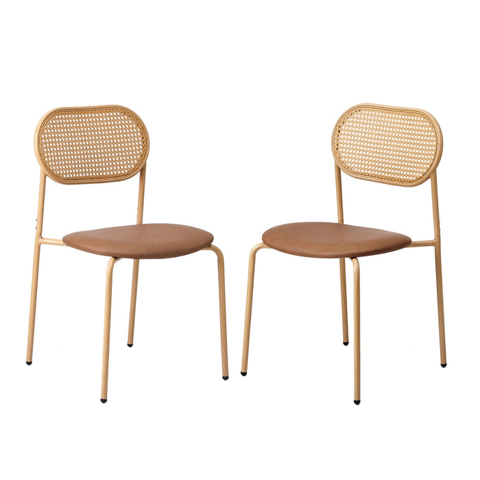 2Pcs Dining Chair Accent Chairs Rattan Furniture Pu Leather Brown