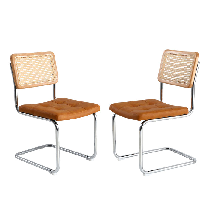 2X Rattan Dining Chair Cesca Replica Cantilever Pu Leather Padded Brown