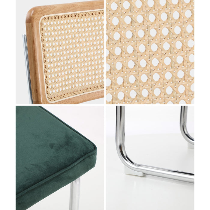 2X Rattan Dining Chair Cesca Replica Cantilever Velvet Padded Green