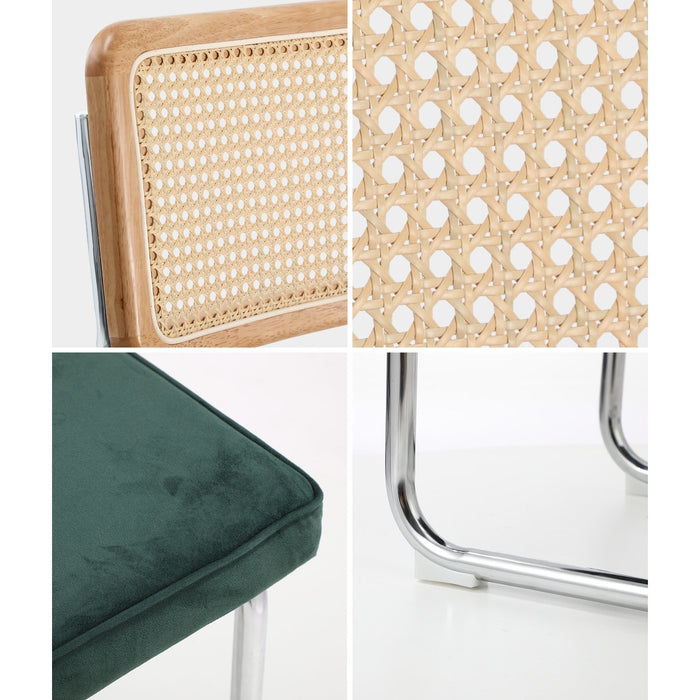 4X Rattan Dining Chair Cesca Replica Cantilever Velvet Padded Green