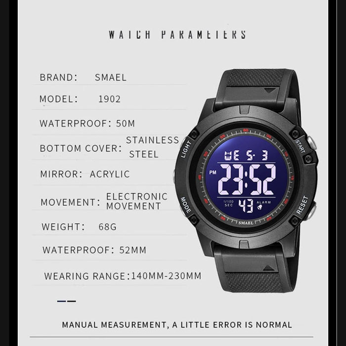 Led Digital Display Waterproof Men Wristwatch with Back