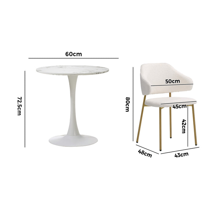 60Cm Round Dining Table With 2X Dining Chairs Sherpa Gold & White