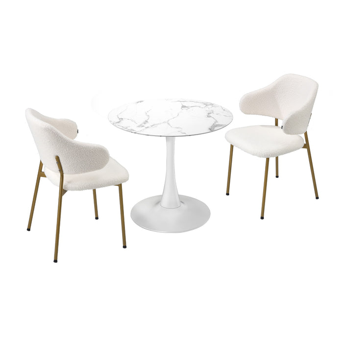 60Cm Round Dining Table With 2X Dining Chairs Sherpa Gold & White