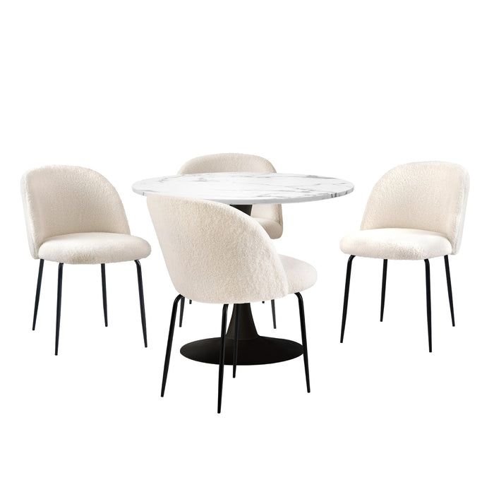 90Cm Round Dining Table With 4Pcs Dining Chairs Sherpa White