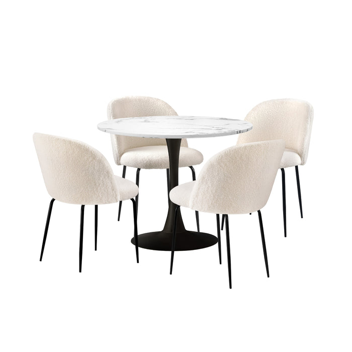90Cm Round Dining Table With 4Pcs Dining Chairs Sherpa White