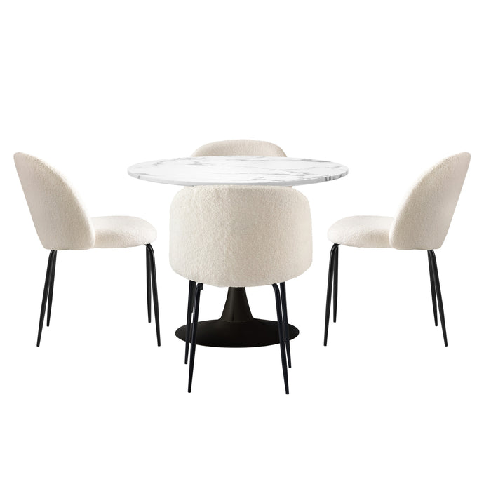 90Cm Round Dining Table With 4Pcs Dining Chairs Sherpa White