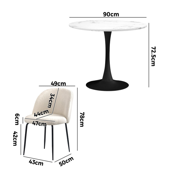 90Cm Round Dining Table With 4Pcs Dining Chairs Sherpa White