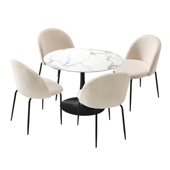 90Cm Round Dining Table With 4Pcs Dining Chairs Sherpa White