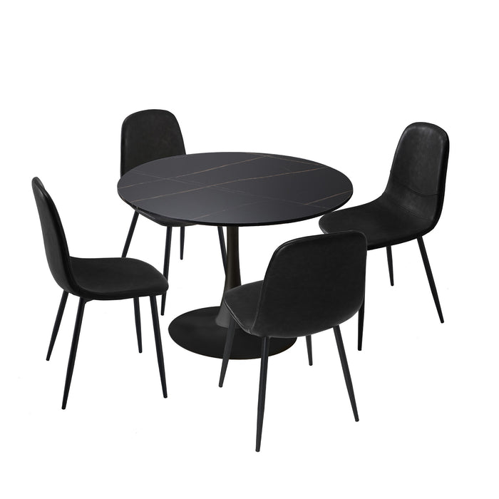 90Cm Round Dining Table With 4X Dining Chairs Pu Leather Black