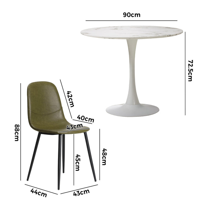 90Cm Round Dining Table With 4X Dining Chairs Pu Leather Green