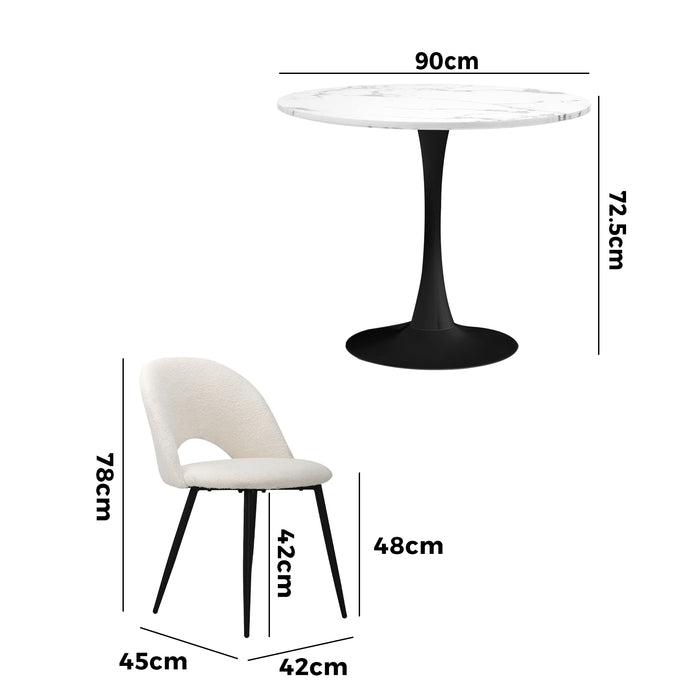 90Cm Round Dining Table With 4Pcs Dining Chairs White Sherpa