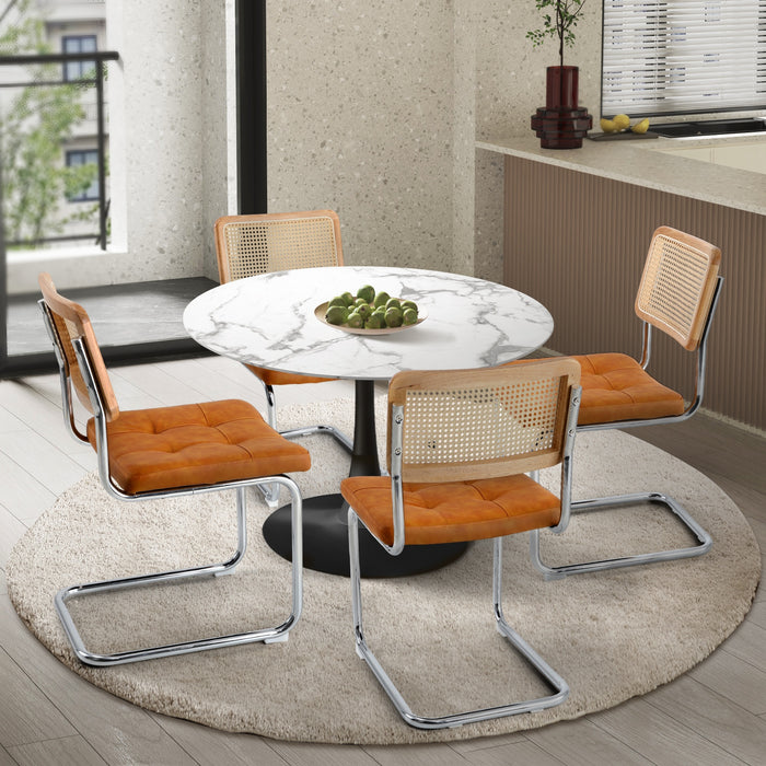 90Cm Round Dining Table With 4Pcs Dining Chairs Pu Leather Brown