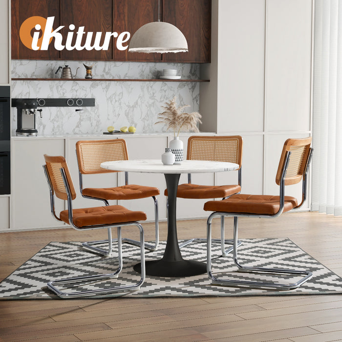 90Cm Round Dining Table With 4Pcs Dining Chairs Pu Leather Brown