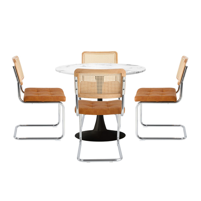 90Cm Round Dining Table With 4Pcs Dining Chairs Pu Leather Brown
