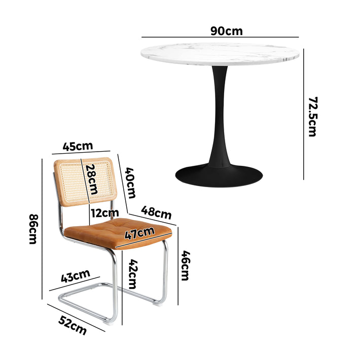 90Cm Round Dining Table With 4Pcs Dining Chairs Pu Leather Brown
