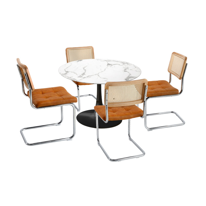90Cm Round Dining Table With 4Pcs Dining Chairs Pu Leather Brown