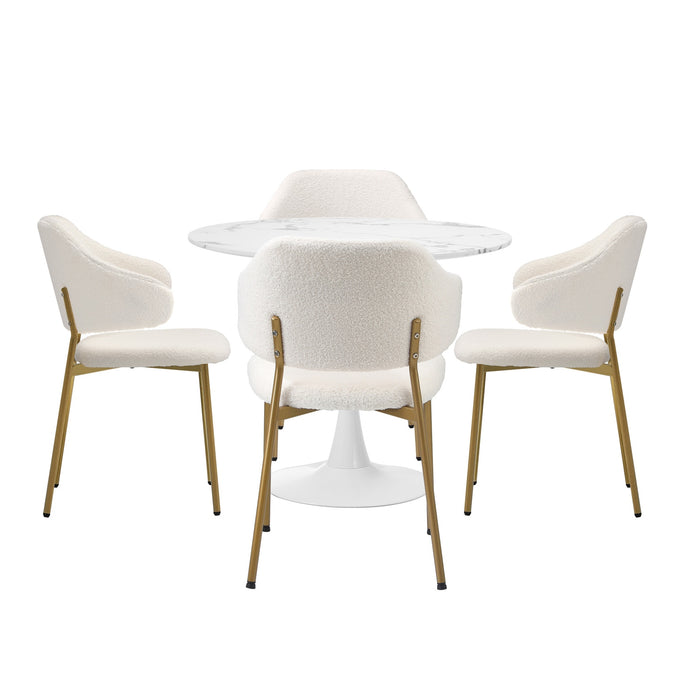 90Cm Round Dining Table With 4X Dining Chairs Sherpa Gold & White