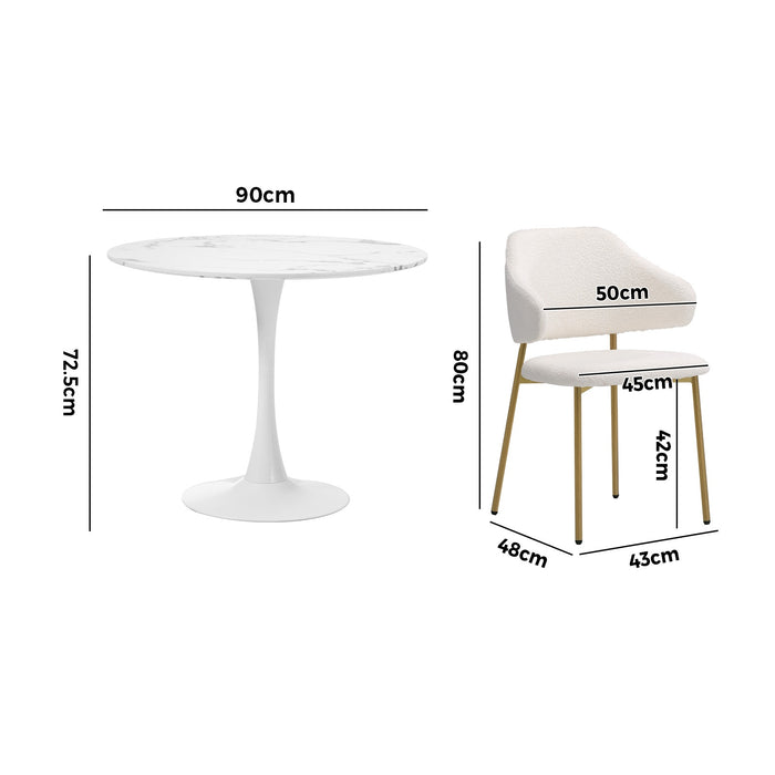 90Cm Round Dining Table With 4X Dining Chairs Sherpa Gold & White