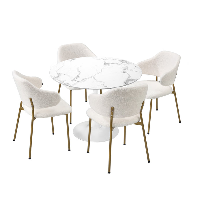 90Cm Round Dining Table With 4X Dining Chairs Sherpa Gold & White