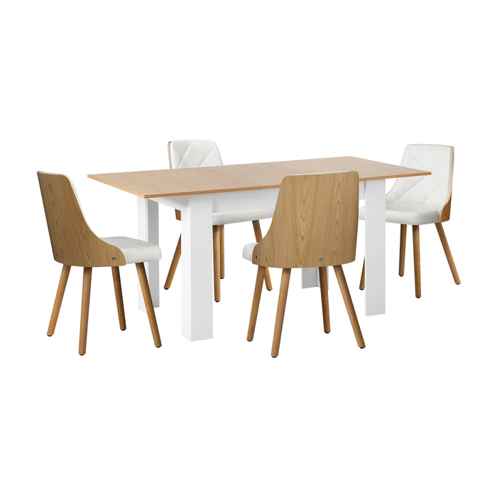160Cm Extendable Dining Table With 4Pcs Dining Chairs Pu Leather White