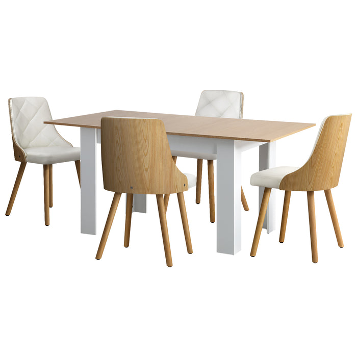 160Cm Extendable Dining Table With 4Pcs Dining Chairs Pu Leather White
