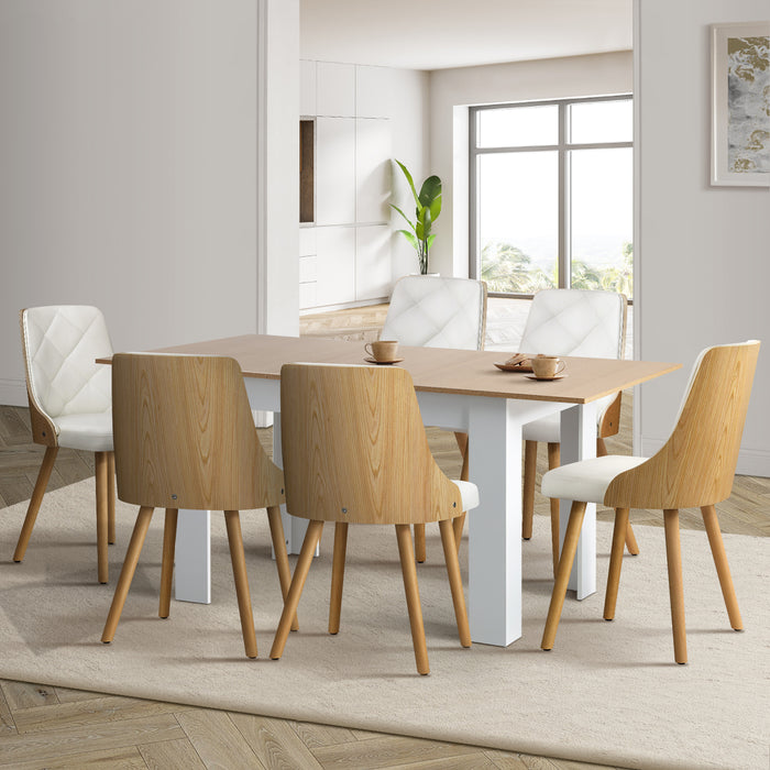160Cm Extendable Dining Table With 6Pcs Dining Chairs Pu Leather White