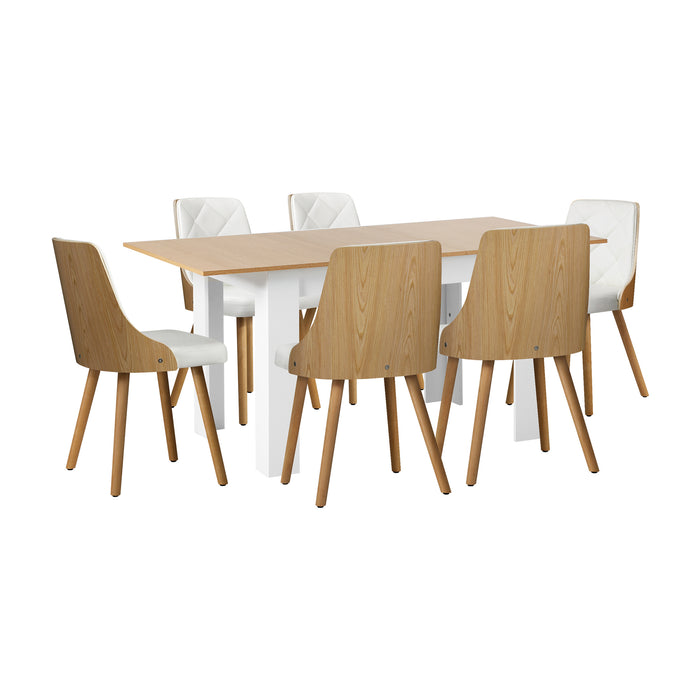 160Cm Extendable Dining Table With 6Pcs Dining Chairs Pu Leather White