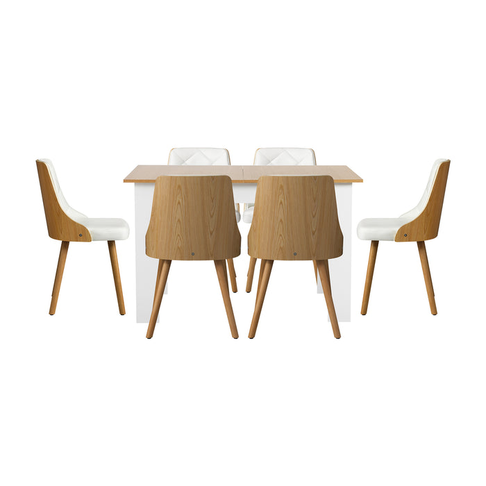 160Cm Extendable Dining Table With 6Pcs Dining Chairs Pu Leather White