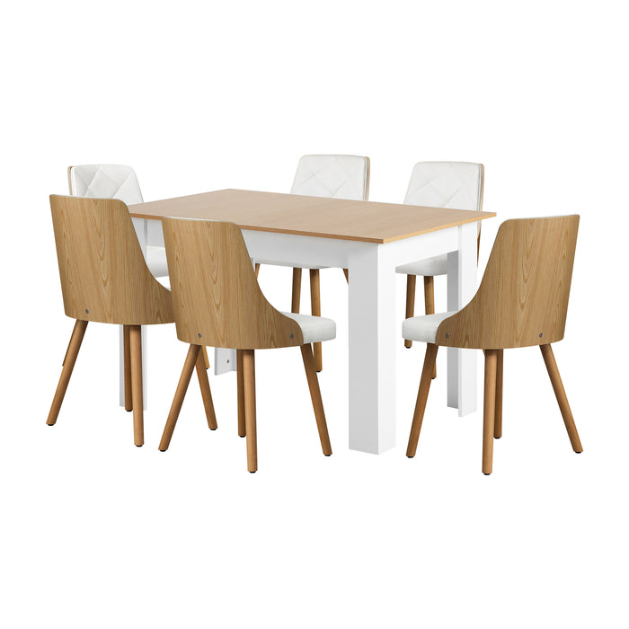 160Cm Extendable Dining Table With 6Pcs Dining Chairs Pu Leather White
