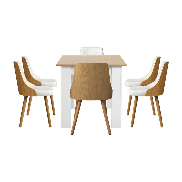 160Cm Extendable Dining Table With 6Pcs Dining Chairs Pu Leather White