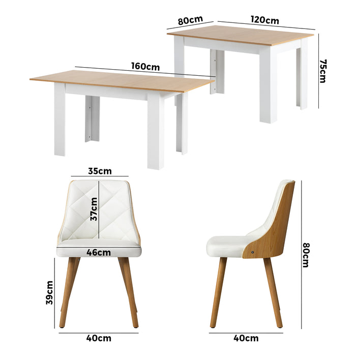 160Cm Extendable Dining Table With 6Pcs Dining Chairs Pu Leather White