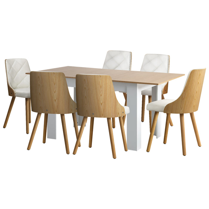 160Cm Extendable Dining Table With 6Pcs Dining Chairs Pu Leather White