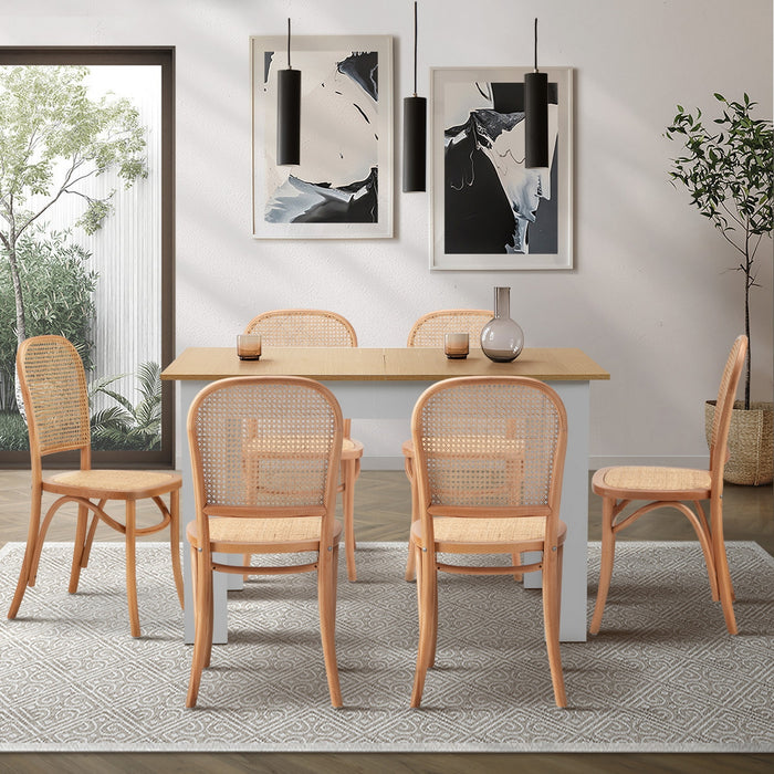 160Cm Extendable Dining Table With 6Pcs Dining Chairs Rattan Natural