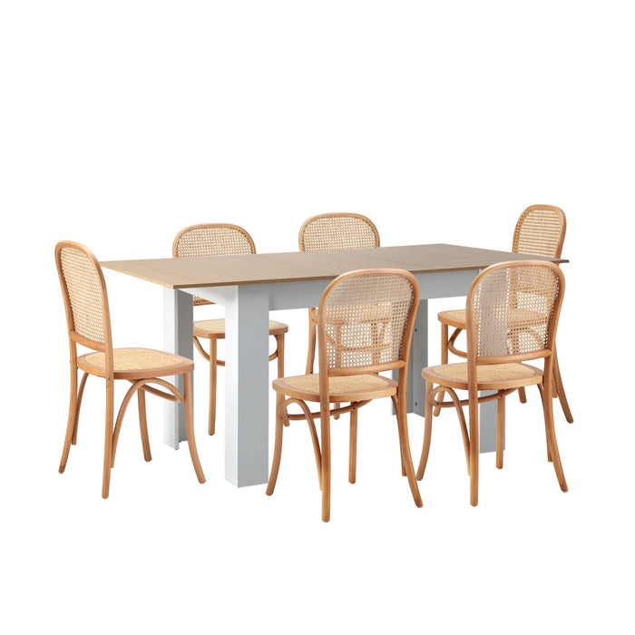 160Cm Extendable Dining Table With 6Pcs Dining Chairs Rattan Natural